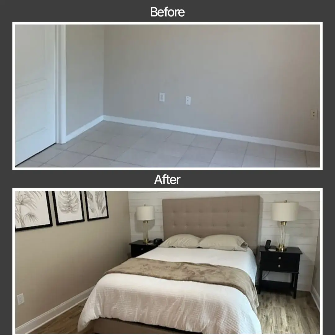 Before: An empty room with beige walls and tiled floor. After: The same space transformed by BrightWise Handyman Services into a cozy bedroom featuring a bed, headboard, nightstands, lamps, framed art, and wood-look flooring.