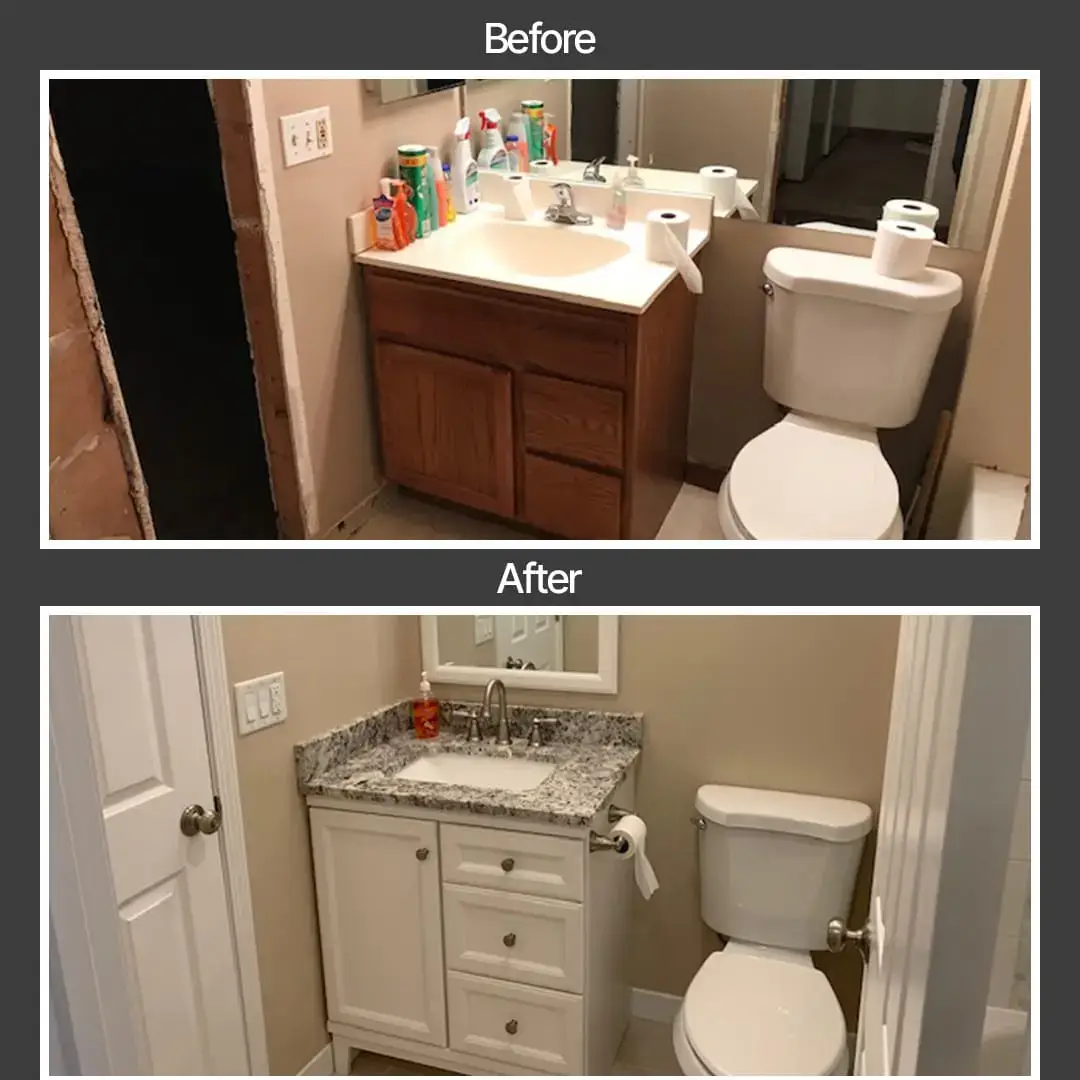Before and after photos of a bathroom renovation by BrightWise Handyman; the first image shows a cluttered sink, while the second reveals a modern white vanity, granite countertop, and updated look.