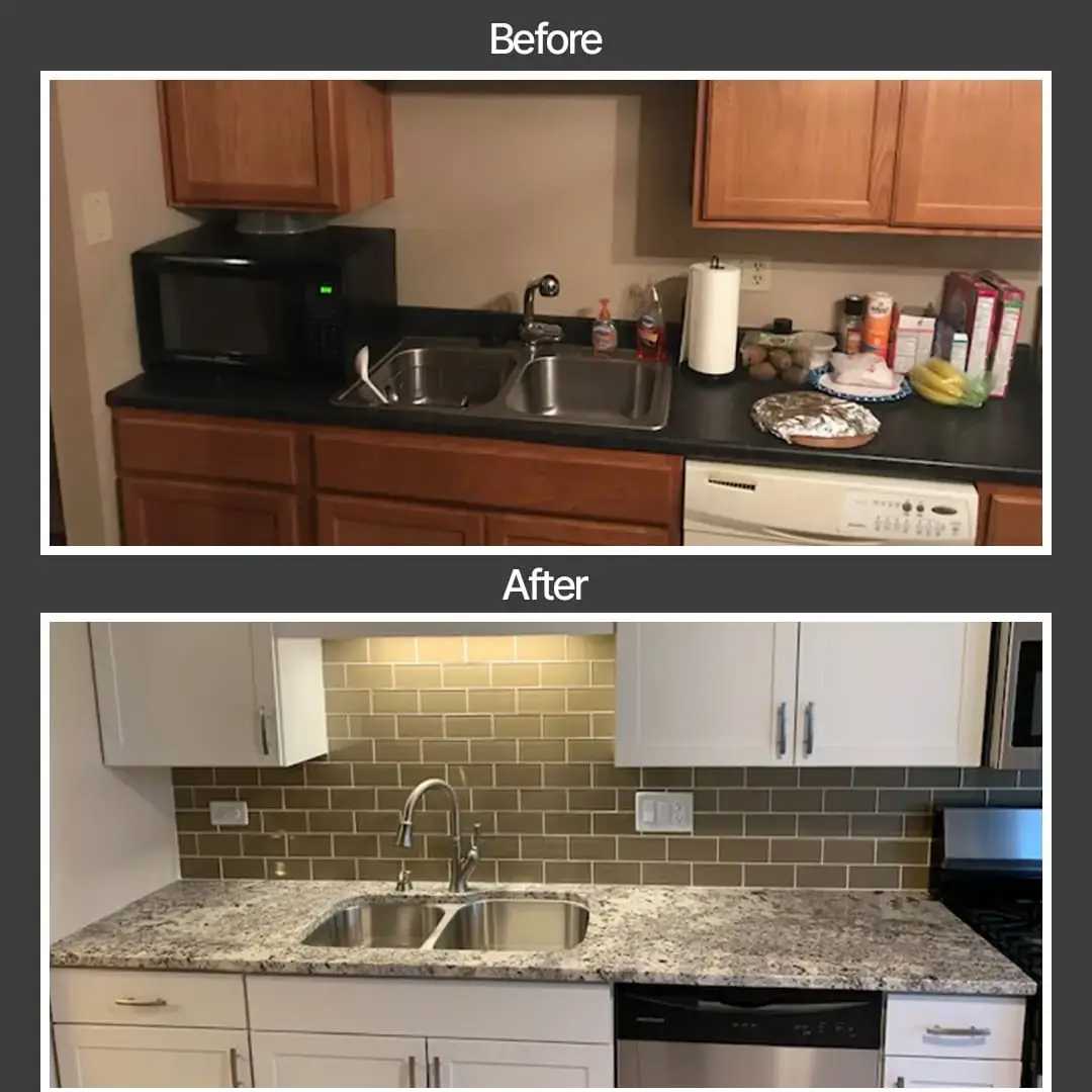 Before-and-after images of a kitchen remodel by BrightWise Handyman: the before shows dark cabinets and clutter, while the after features white cabinets, granite countertops, and a modern tile backsplash.