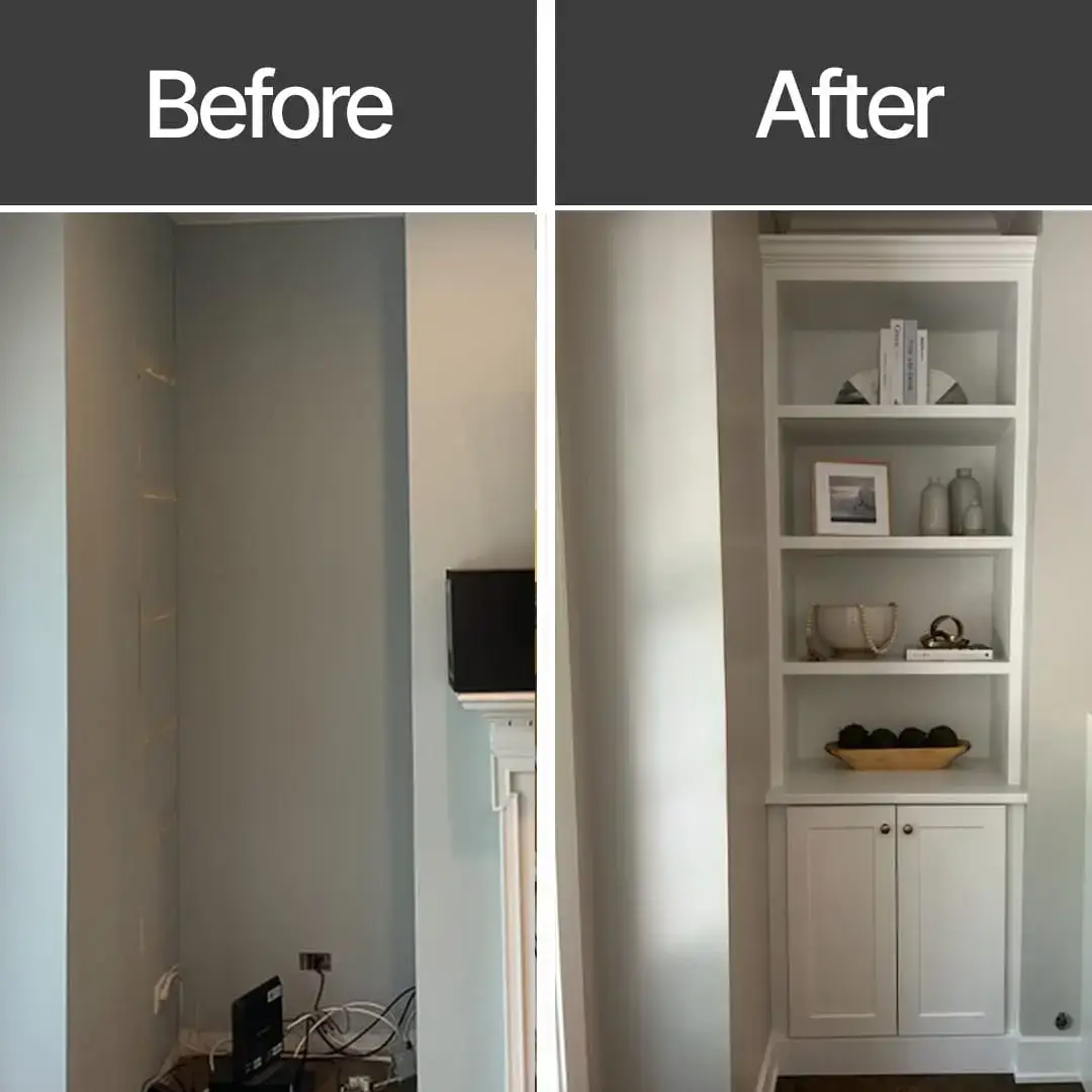 Side-by-side comparison showing a plain, cluttered corner labeled Before and the same space remodeled with built-in white shelves and cabinets by BrightWise Handyman, neatly decorated and labeled After.