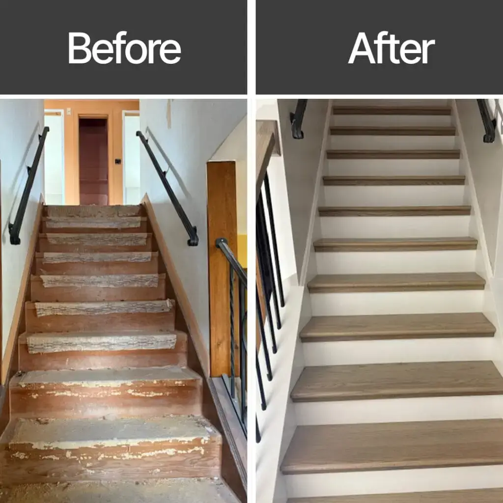 Explore our showcase of home transformations: the left side reveals old, worn steps, while the right highlights new, clean stairs featuring light wood treads and crisp white risers in this stunning before-and-after gallery.