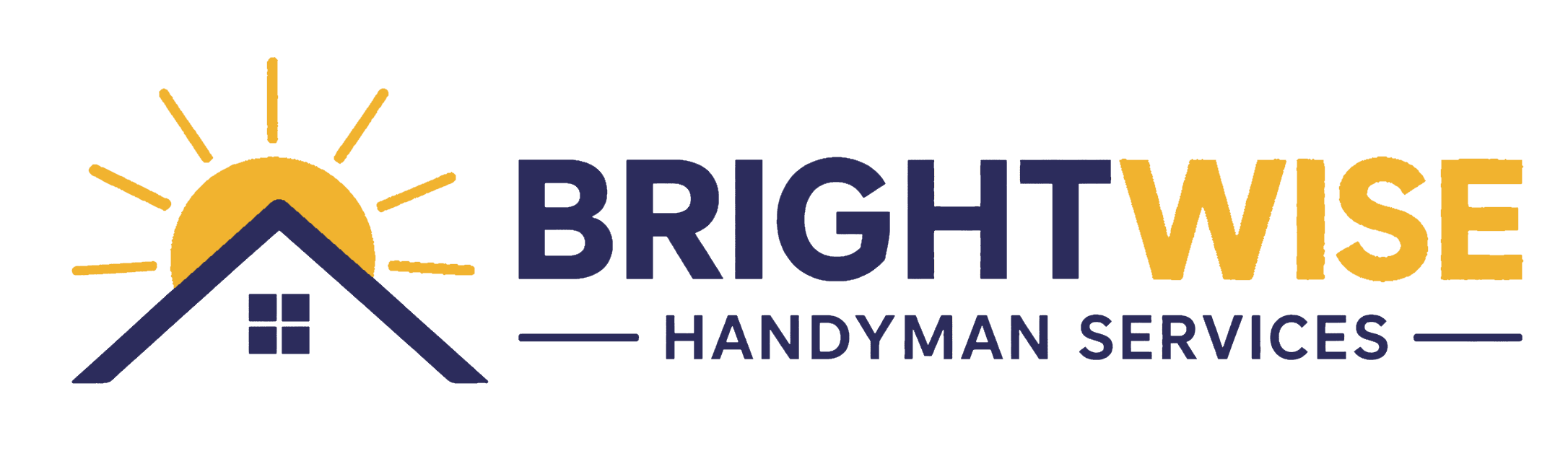 Logo for BrightWise Handyman Services, featuring a house roof with a sun rising behind it. BRIGHTWISE is written in bold, with WISE in yellow, and HANDYMAN SERVICES below in blue text.